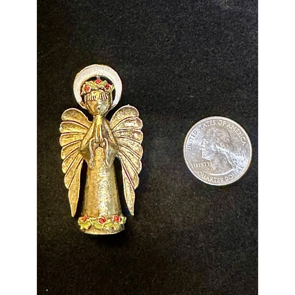 Vintage ART Signed Angel Brooch • Gold-Tone Enamel Holiday Pin